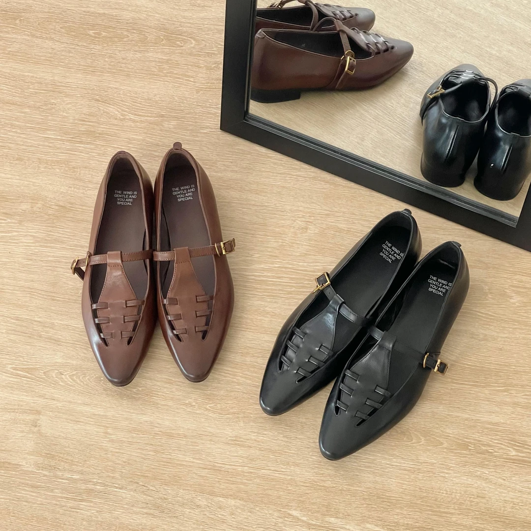 HUSSLOVE 头层水洗牛皮跟高2CM·复古简约尖头百搭编织浅口单鞋女