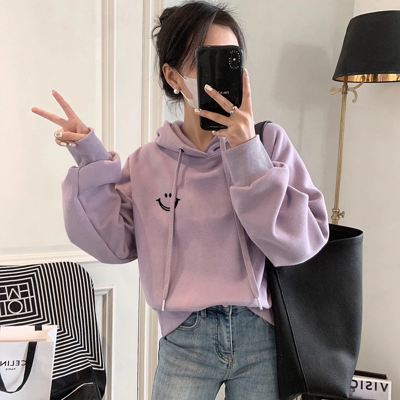 设计感小众秋冬新款2025加绒加厚套头连帽紫色卫衣女短款宽松韩版