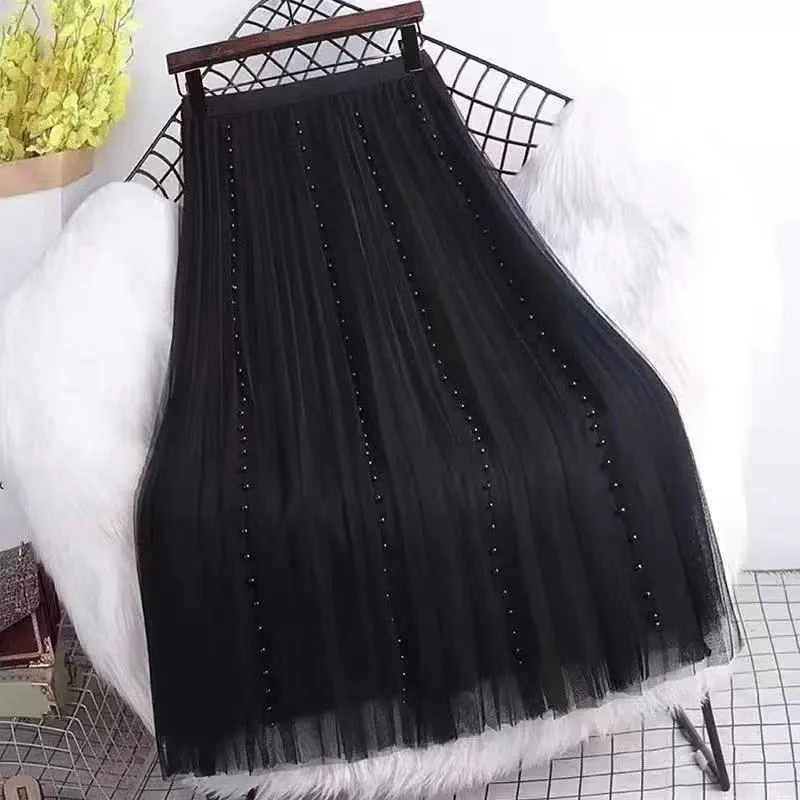 9026秋冬两面穿网纱整条钉珠半身裙