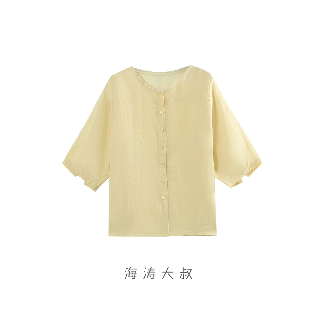 【海涛大叔】「锦绣衣」100苎麻蕾丝花边七分袖田园甜美衬衫