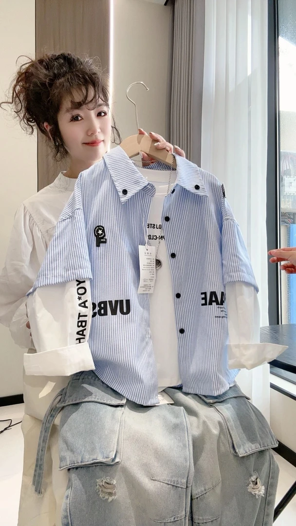 2025新款韩国小众设计感衬衫儿童假两件条纹长袖男童国潮休闲外套