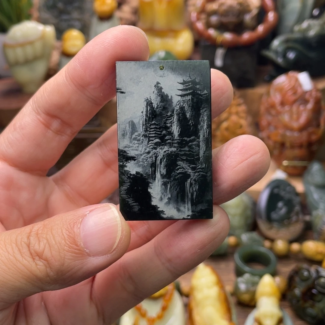 和田玉未镶嵌挂件和田玉青海料山水大圣牌