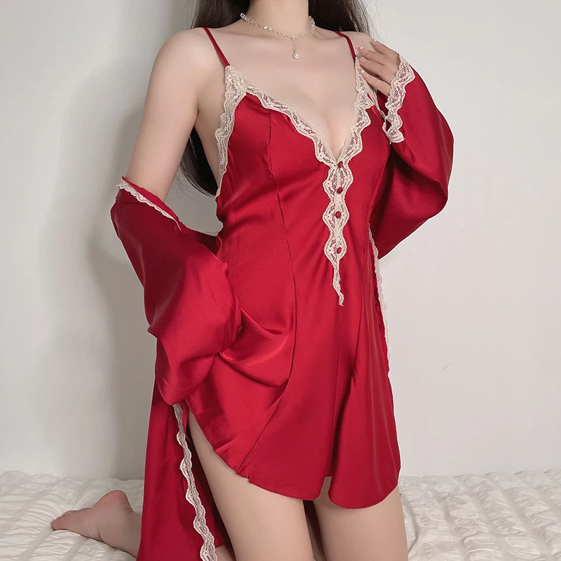 性感深睡裙女大胸mm蕾丝边火辣诱惑性感短裙睡袍套装家居睡裙宽松