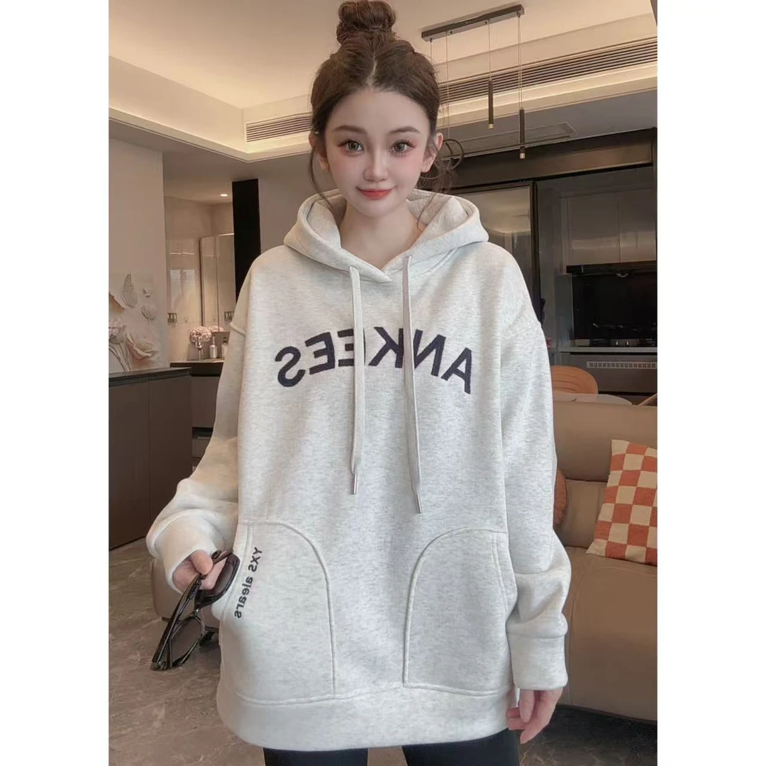 冬季新款加绒加厚复古天丝绒绣连帽休闲百搭中长款卫衣 2686