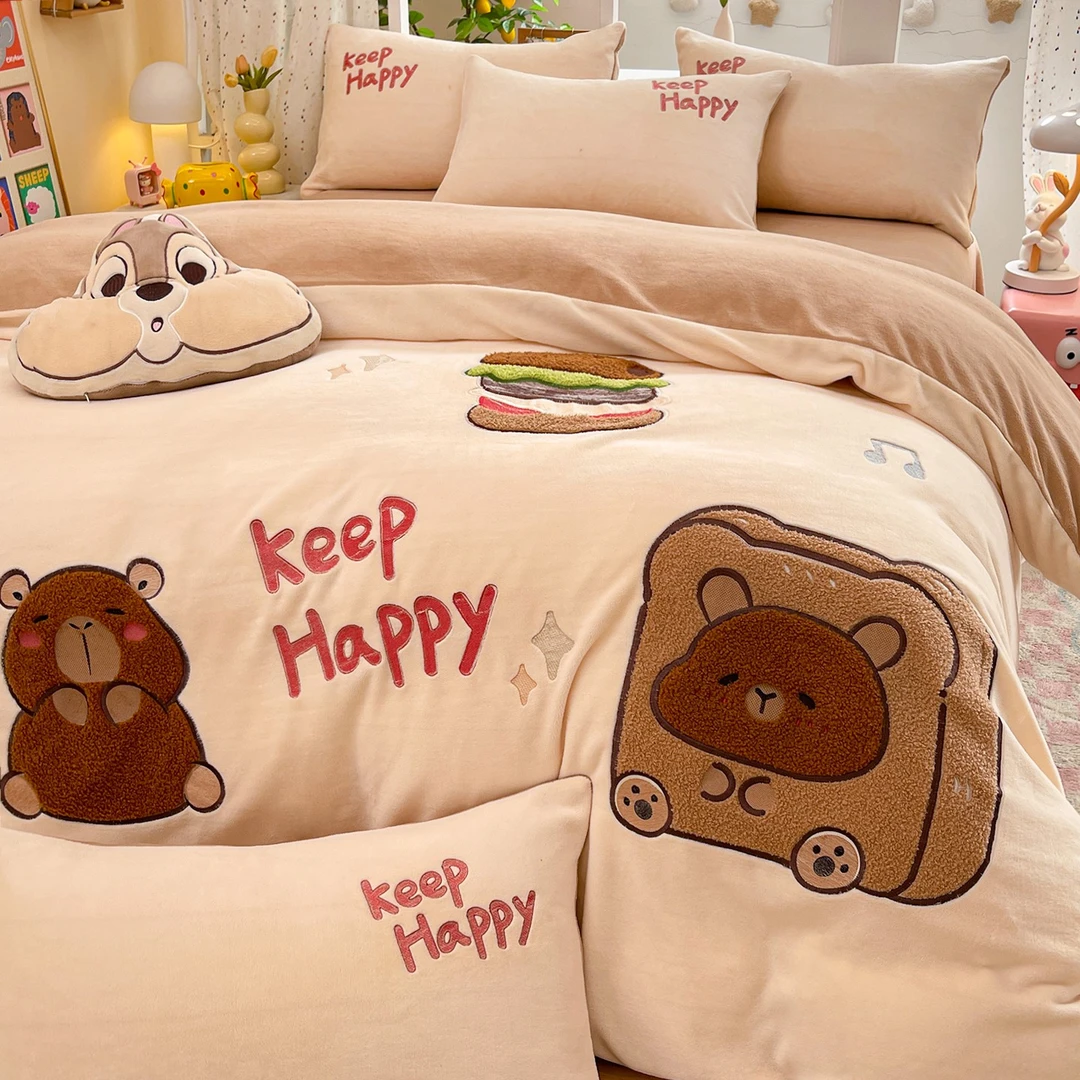 冬季加厚牛奶绒床上四件套双面珊瑚法兰绒床品毛绒被套床单三件套