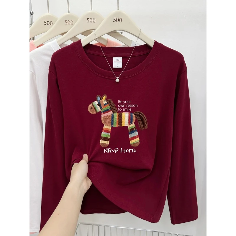 彩色小马印花正肩长袖t恤女胖mm穿搭秋冬季打底衫显瘦大码上衣服