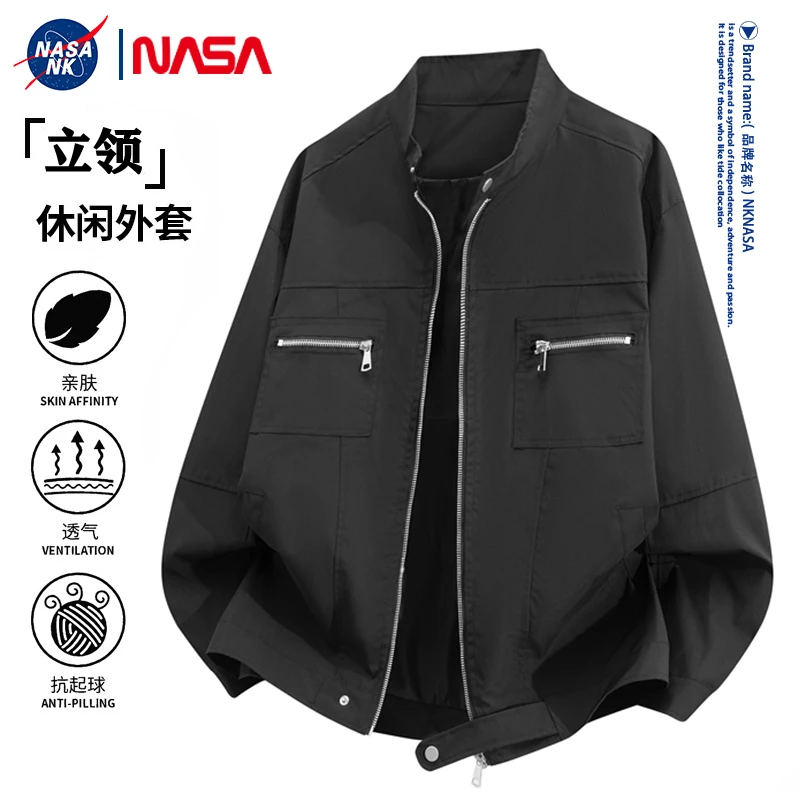 NASA联名工装夹克男士外套秋冬季高街硬挺立领复古潮牌休闲上衣服