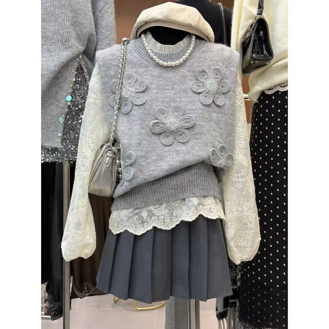 立体花朵马甲针织背心女2025秋冬季新款立领衬衫韩系温柔两件套