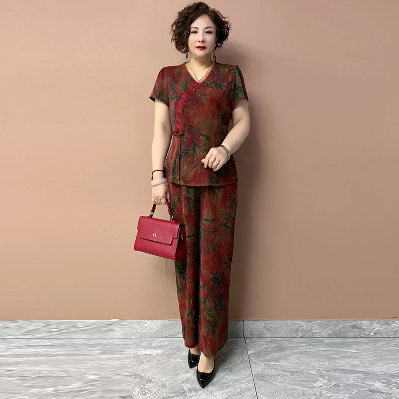 505气质妈妈两件套2025夏季国风富贵竹大码短袖上衣+阔腿裤套装