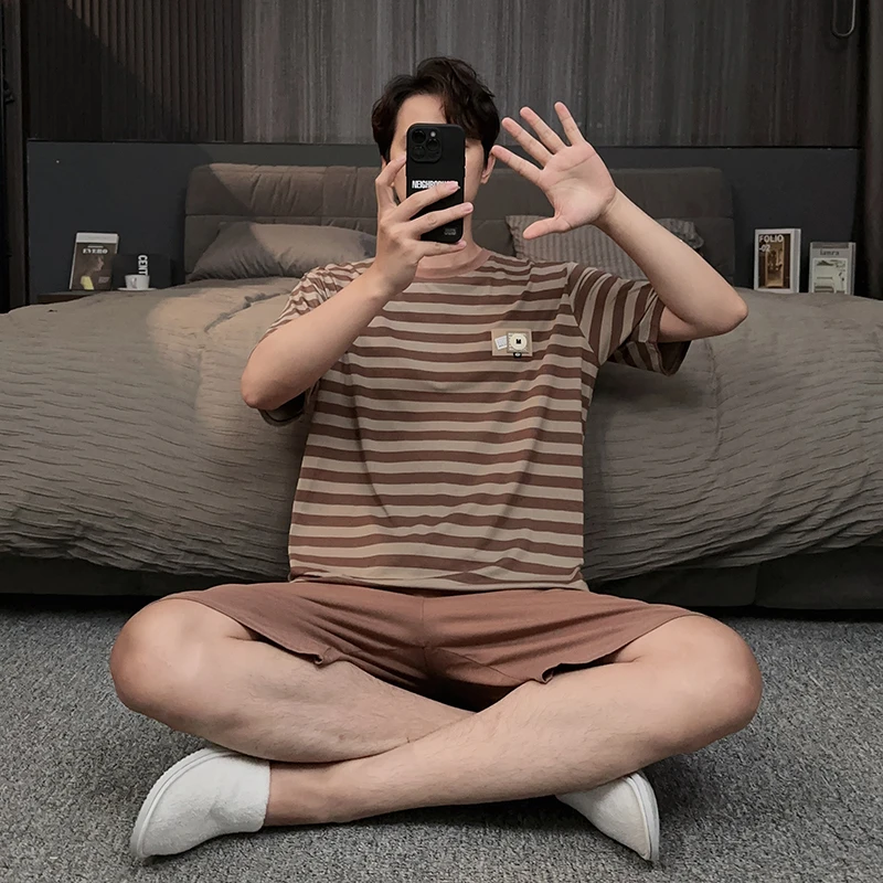 2025年新款男士睡衣夏季莫代尔棉条纹高级感家居服休闲可外穿套装