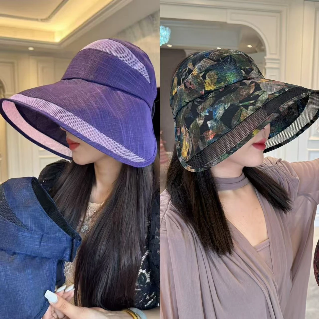 韩单款纯色环绕式欧根纱遮阳帽透气防紫外线大沿防晒帽树叶太阳帽