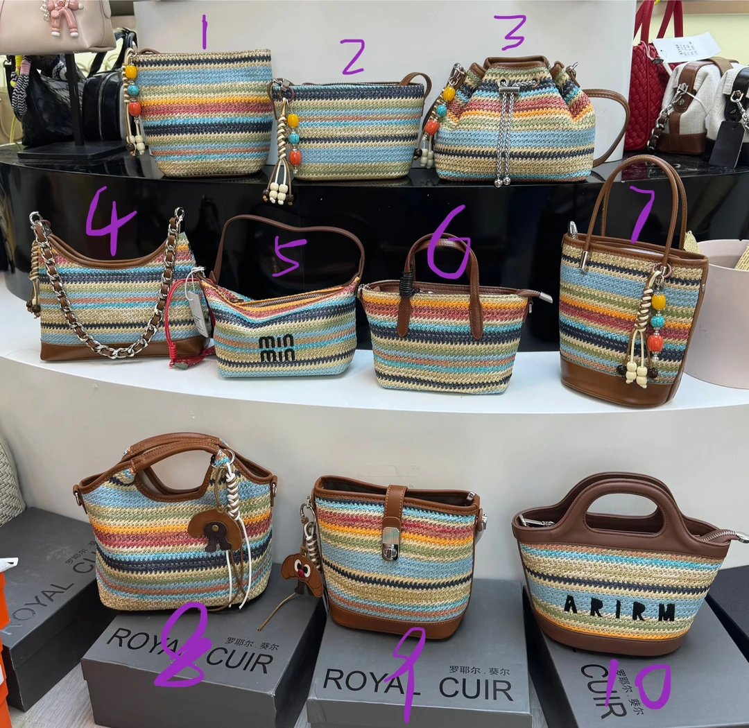 彩虹草编爆款仙女风单肩双根防盗斜挎包百搭小众圆筒朋克风原创女