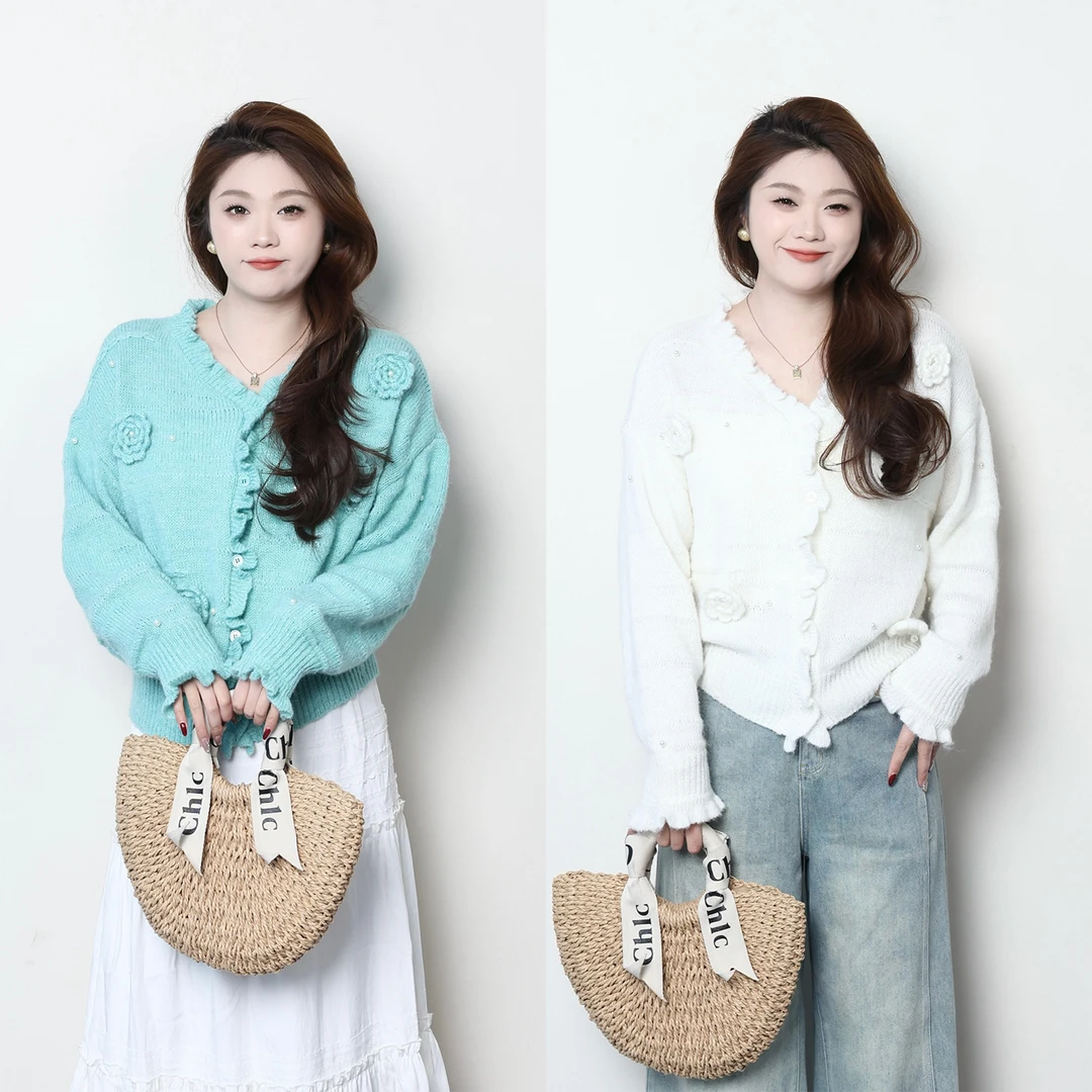 QC宣宣【奶油糖霜】微胖大码女春百搭显瘦设计感钩花毛衣ZY502F42