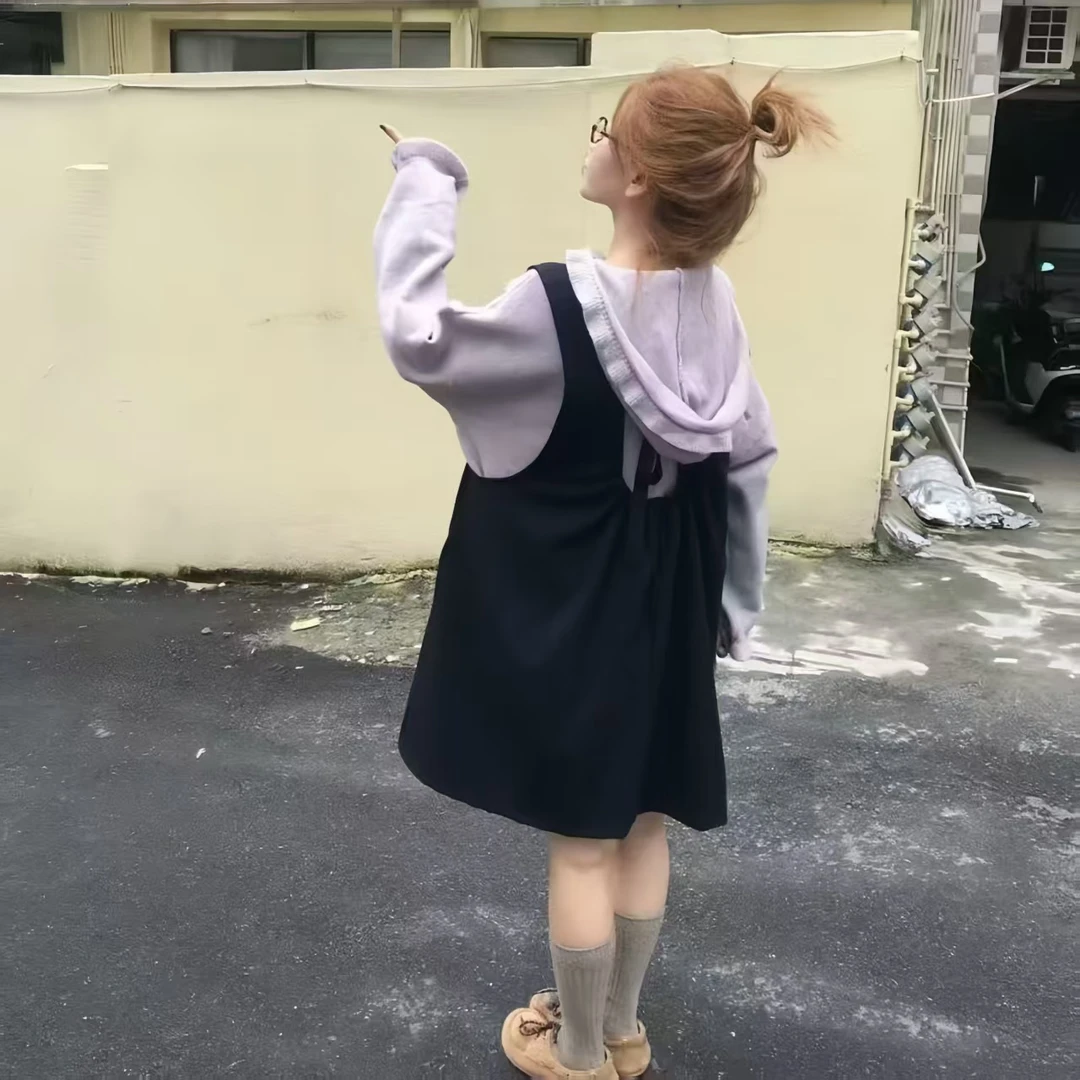 蔓蔓 大码连帽软糯毛衣秋季百搭背带裙222806衫22806短522806长