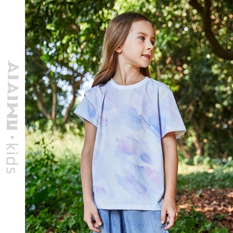 艾艾屋女童上衣2024夏季新品休闲舒适扎染圆领短袖T恤大童KNSD89
