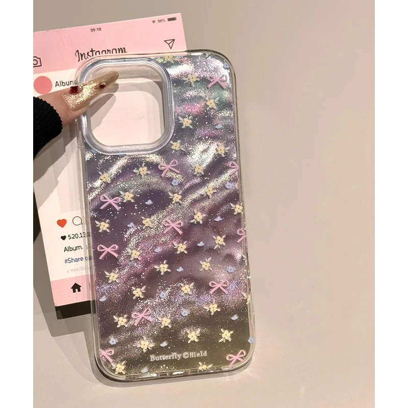 ins渐变碎花蝴蝶结适用iPhone15苹果16promax手机壳13/14高级1211