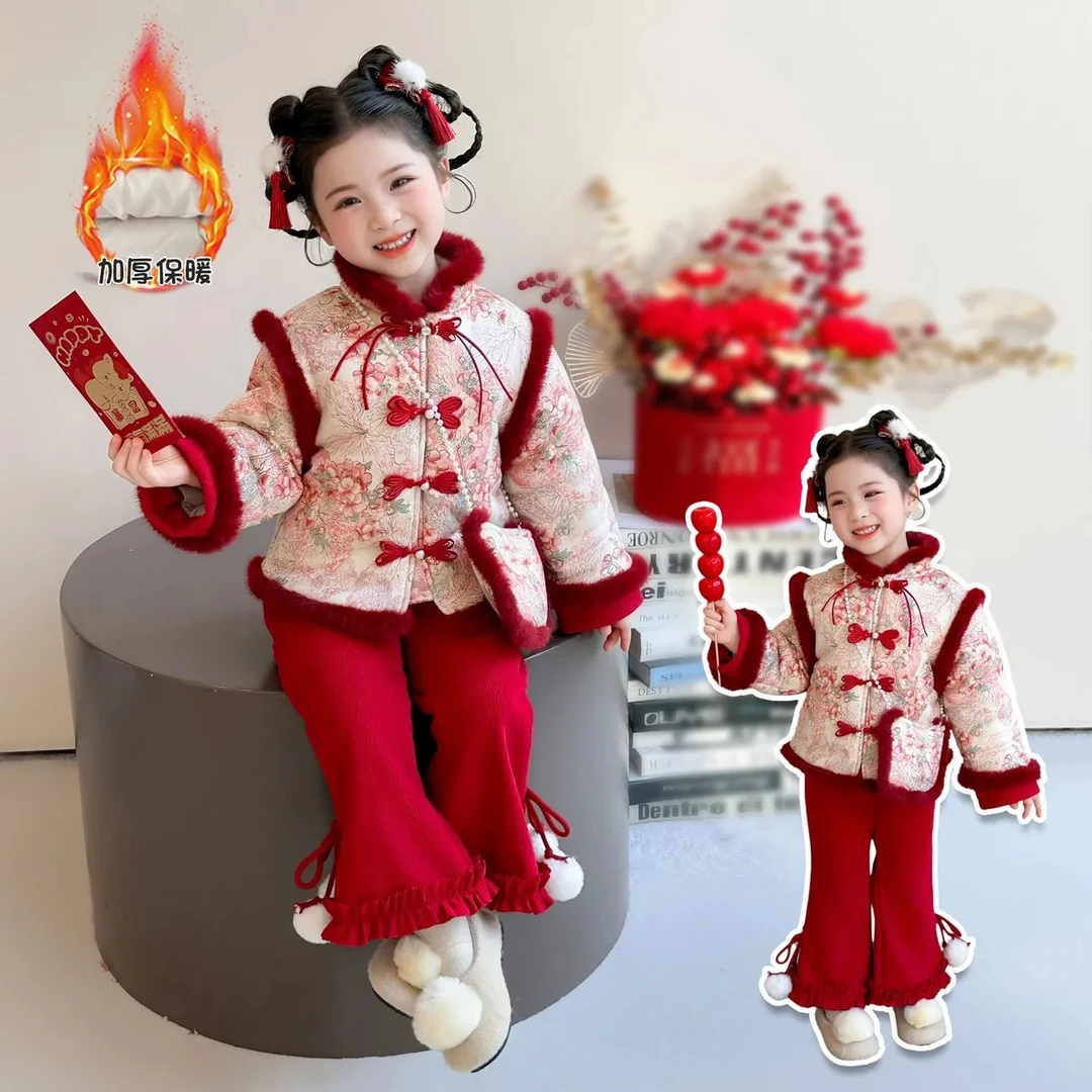 女童花开富贵中式国风送包包年服套装新款洋气时髦儿童唐装两件套