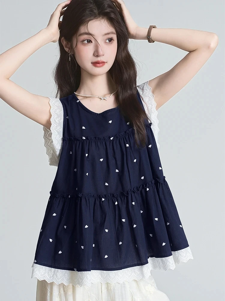 法式爱心印花飞飞袖背心衬衫女夏季小个子宽松娃娃衫上衣