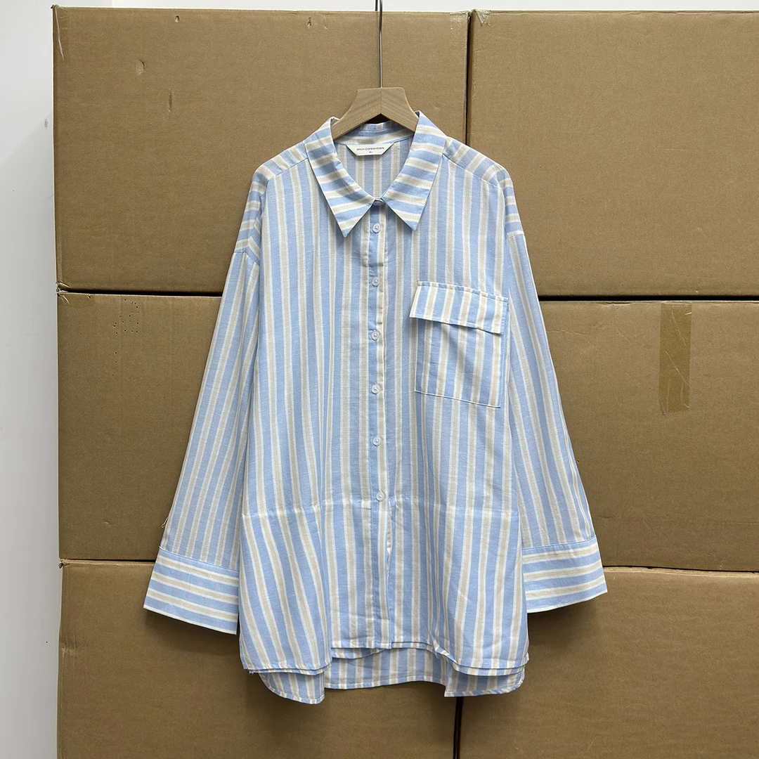 瑞典单！！条纹长袖衬衫女装春季翻领宽松设计感单排扣衬衣休闲上衣