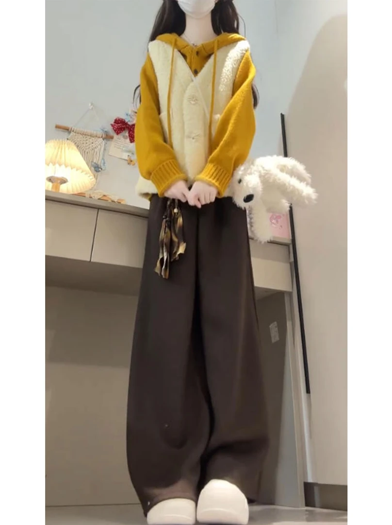韩系慵懒风穿搭套装冬季新款毛毛马甲连帽针织衫高腰阔腿裤三件套