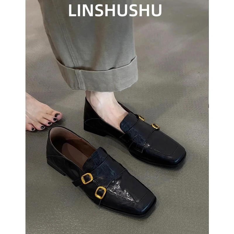 牛皮版~英伦复古方头搭扣一脚蹬乐福鞋女通勤百搭小皮鞋单鞋