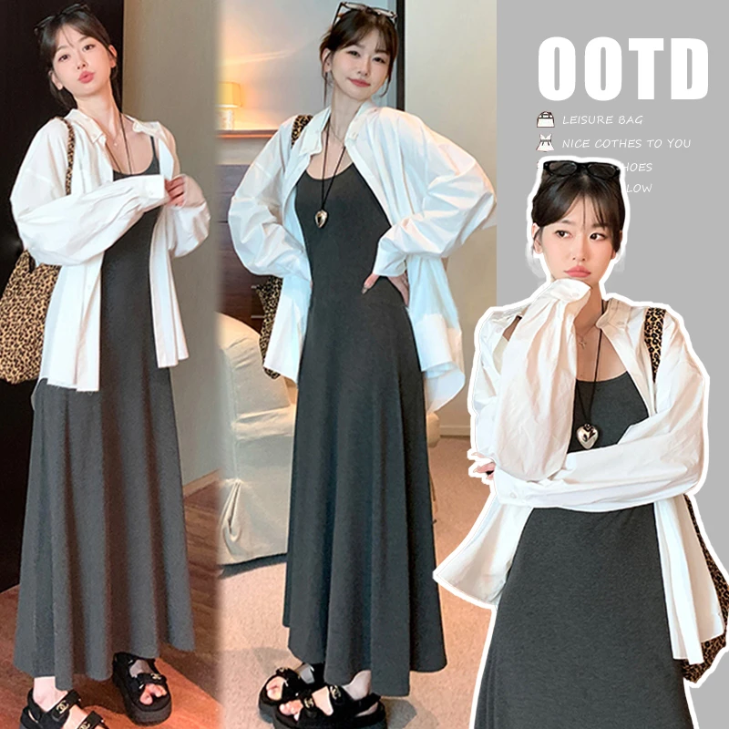 时髦孕妇装新款2025春夏套装女开衫宽松衬衫上衣吊带连衣裙两件套