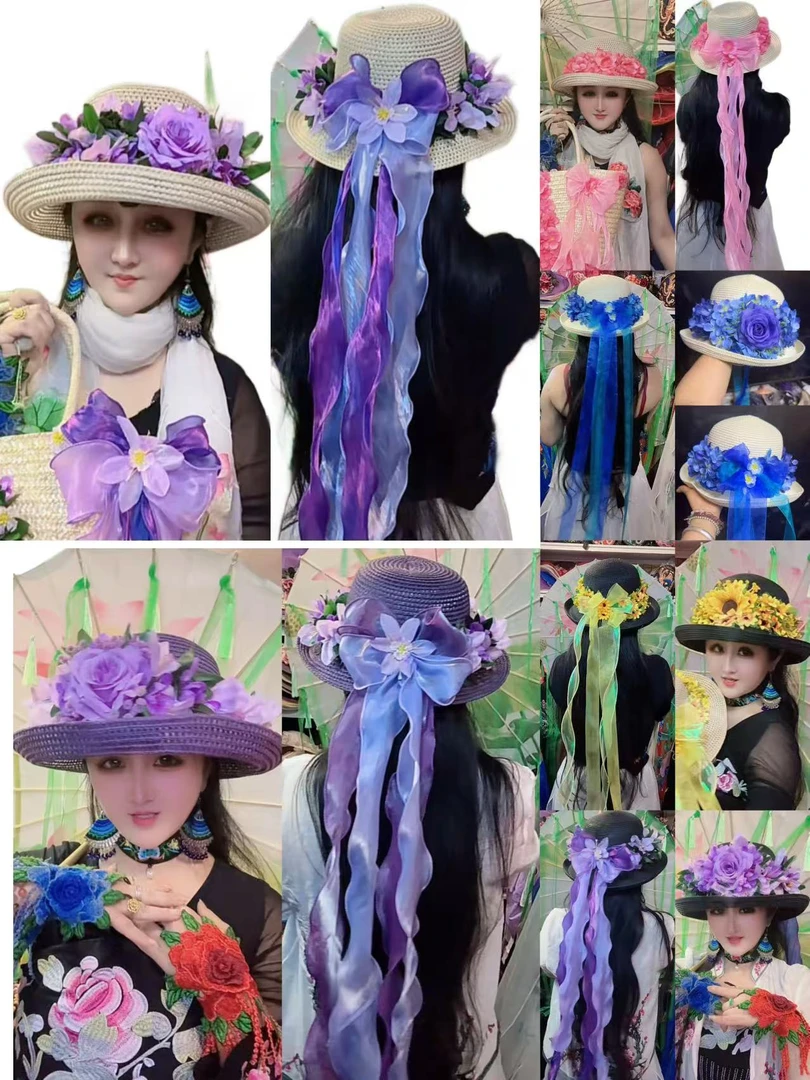 民族风米色紫玉兰花帽子