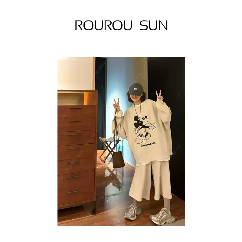 27385早秋款女装慵懒风卡通米奇宽松圆领上衣女纯色休闲两件套