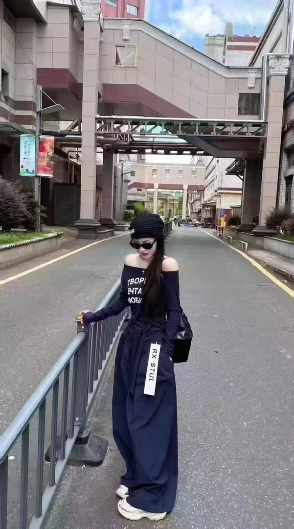早秋新款韩版长袖露肩斜领绑带字母印花T 高腰宽松阔腿工装裤套装