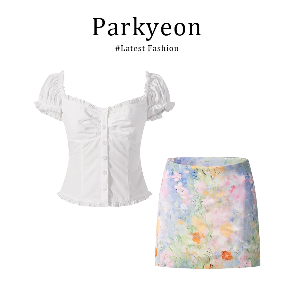 parkyeon法式白色木耳边泡泡袖上衣纯欲多巴胺晕染碎花半身裙套装