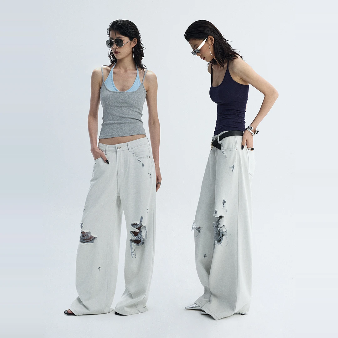 ourhour 膝盖破洞 石灰白色不规则毛边阔腿牛仔裤 夏季休闲