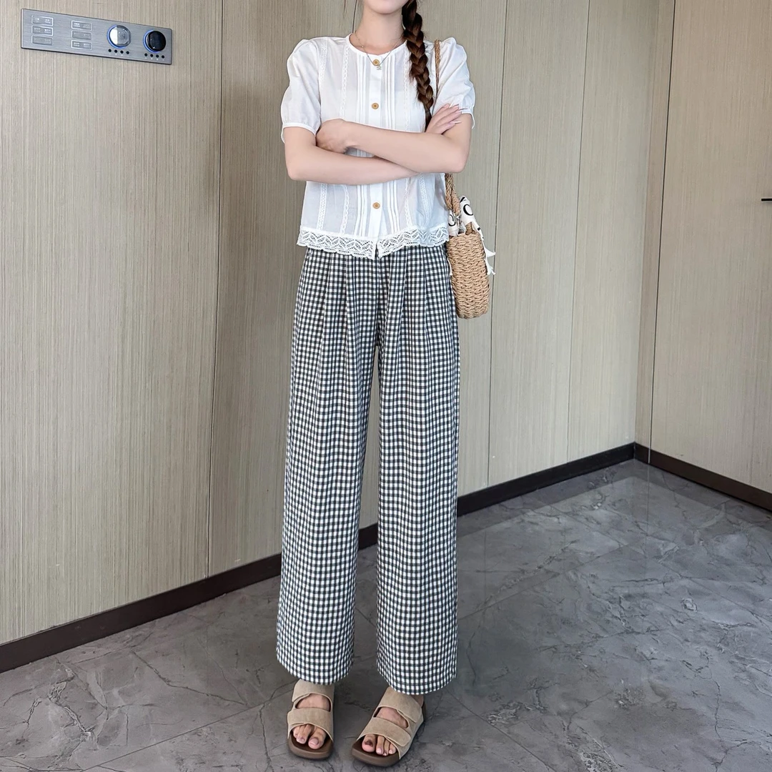 小个子薄款高腰女灰格阔腿裤休闲松紧复古宽松百搭垂感