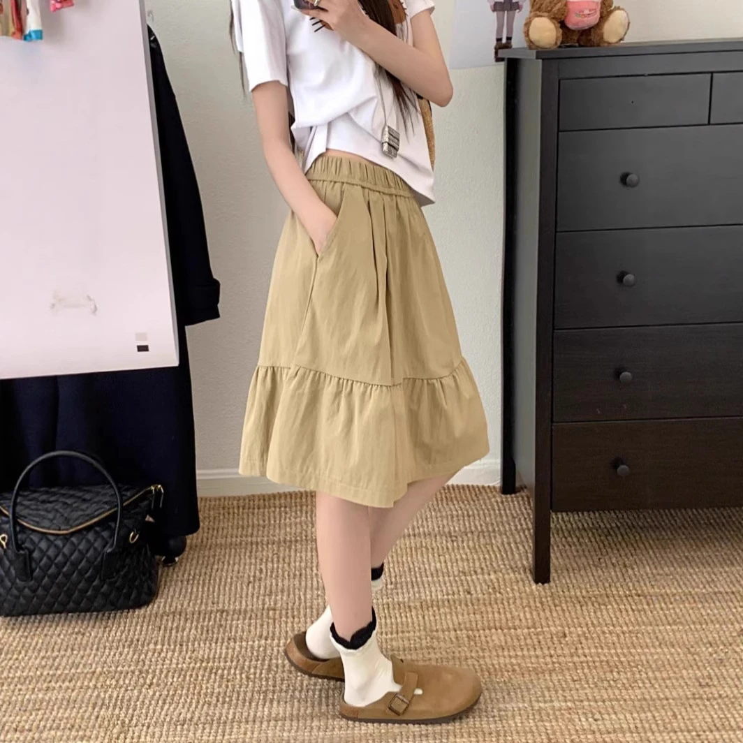 miu系中裙2025新款夏季慵懒百搭显瘦蓬蓬中裙半身裙a字伞裙松紧腰