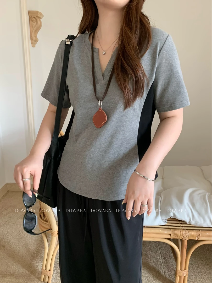 现货9701X大婉酱肉肉微胖定制【阴影T】休闲时尚拼色设计短袖上衣