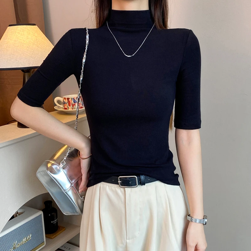黑色螺纹半高领中袖t恤女春夏修身五分袖打底衫内搭半袖上衣百搭