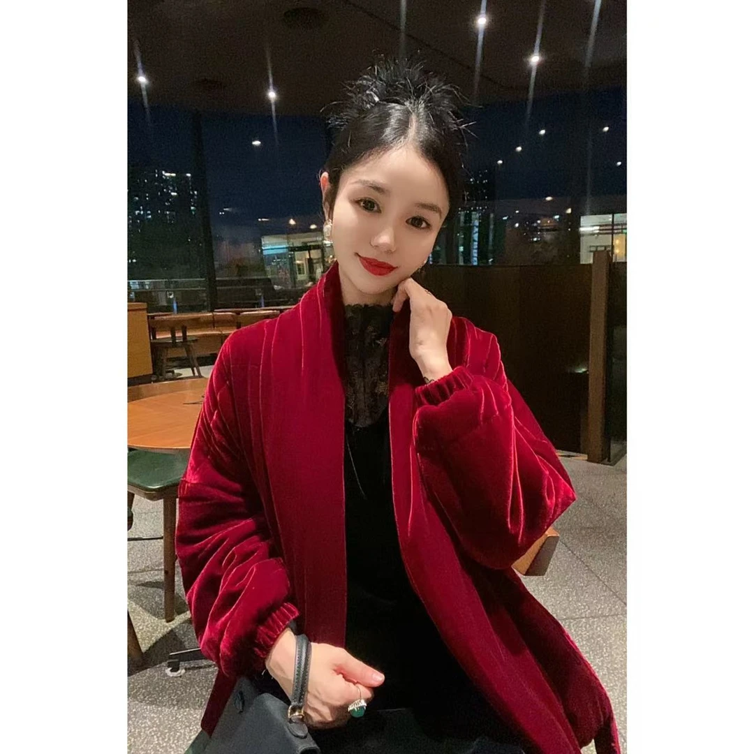 【大眼睛】重磅桑蚕丝真丝丝绒棉服青果领连身袖棉衣外套轻奢女人味