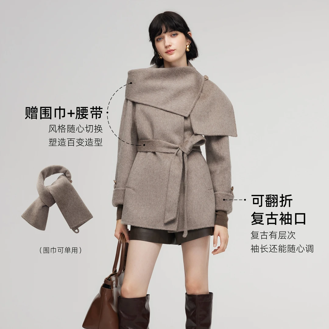 【专柜新款】歌莉娅 冬季新品  双面呢外套配围巾腰带1ENR6E2N0