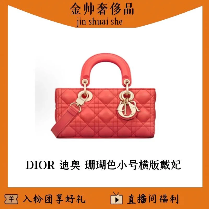 99新 DIOR/迪奥 珊瑚色/小号/横版戴妃/单肩包/B5698