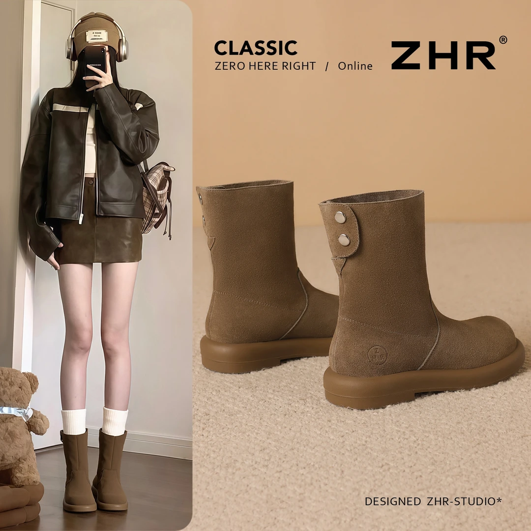 ZHR/则则平底短靴2025新款真皮美拉德堆堆靴复古软底西部马丁靴女