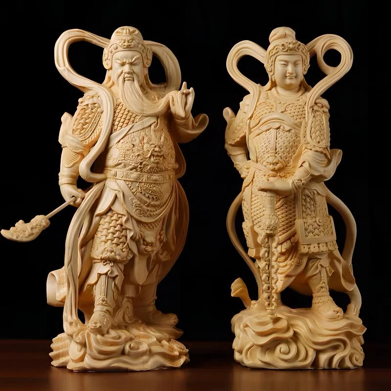 桧木崖柏黄杨木雕伽蓝韦陀菩萨摆件两大护法珈蓝关公武财神家供台