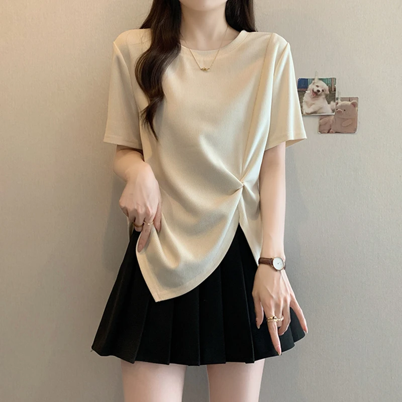 大码不规则开叉设计感短袖T恤女2025夏季新款胖mm遮肚子显瘦上衣