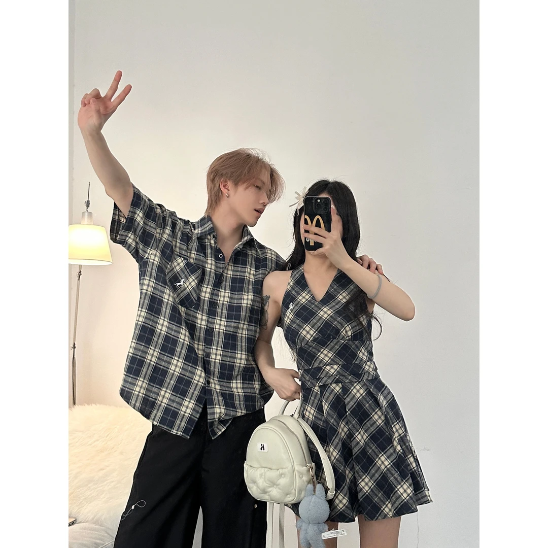 小众设计情侣装夏季2025韩版短袖男衬衫连衣裙法式一裙一衣ins潮