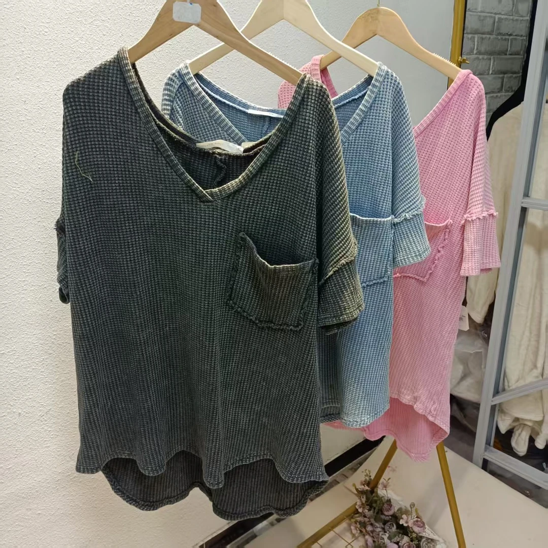 唯琳剪标 7仓F5-16-1271款  美单水洗做旧小格子V领短袖上衣