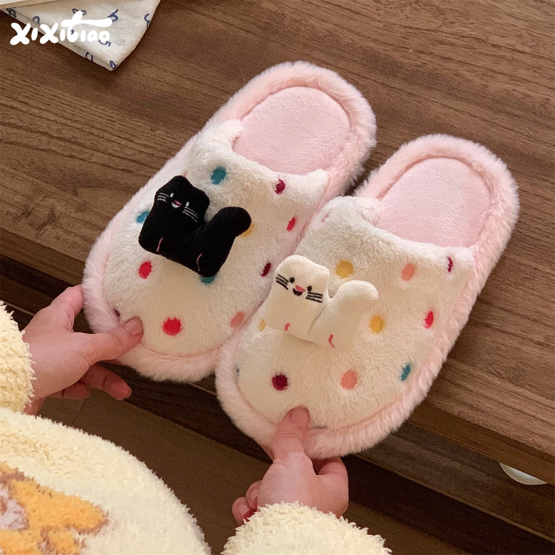 细细条 波点毛毛鞋ins可爱黑白小猫2025新款卧室地板鞋棉拖鞋女冬