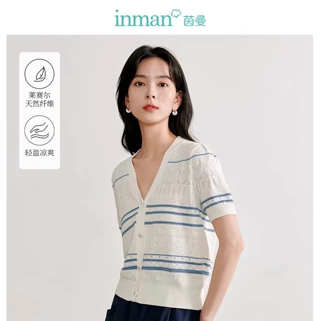 【商场同款】茵曼莱赛尔轻薄条纹针织衫2024夏季女装新款短袖上衣