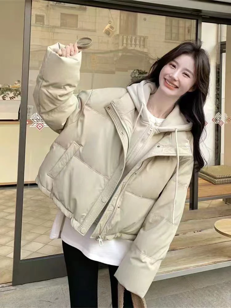 9622款新款时尚连帽宽松短款假两件皮羽绒服