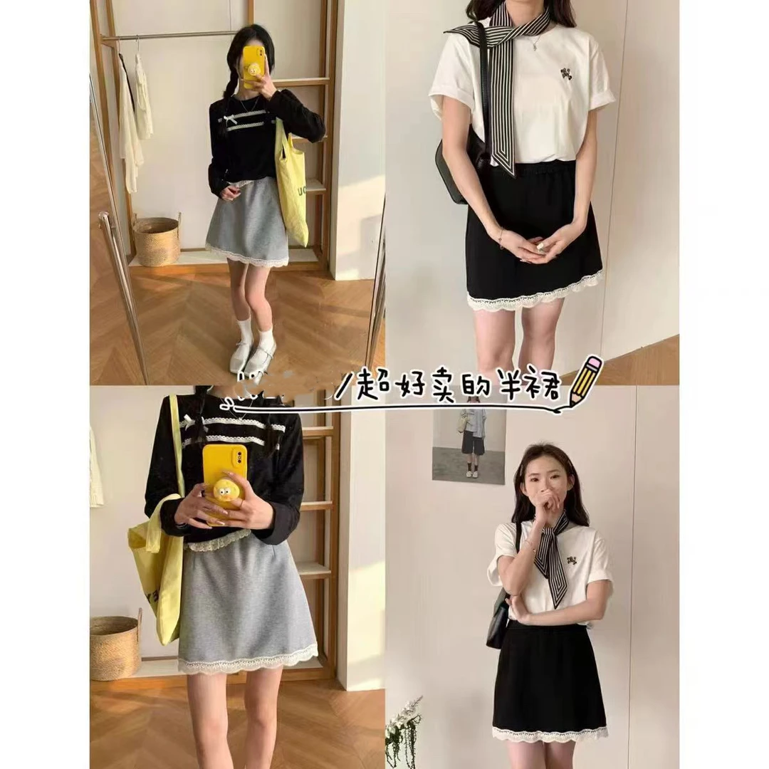 薇莎6129【空气棉】拼接蕾丝休闲A字短裙