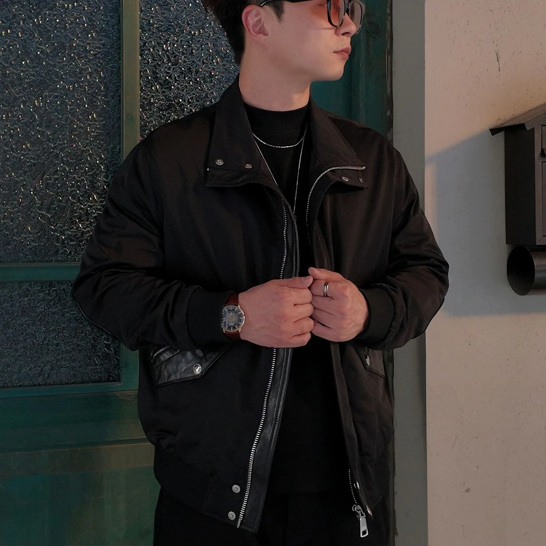 拼皮羽绒服百搭时尚潮流美式复古飞机扣夹克立领春秋季Y256621