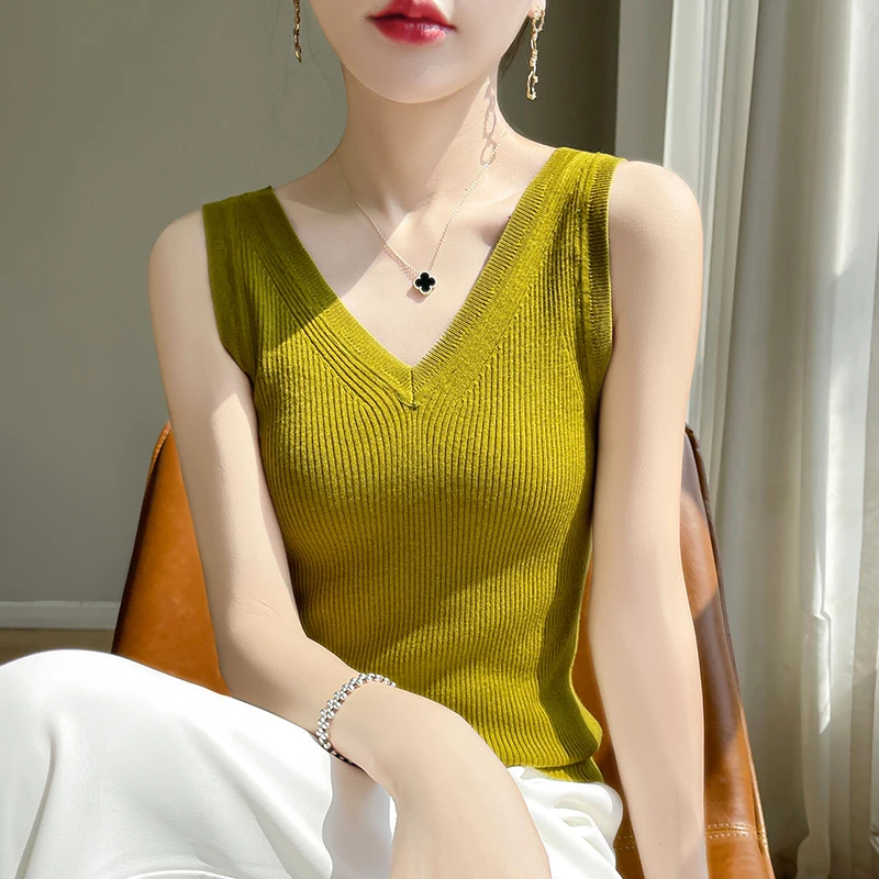 两面穿V领针织吊带背心女装夏季无袖针织衫吸筹条修身内搭上衣薄
