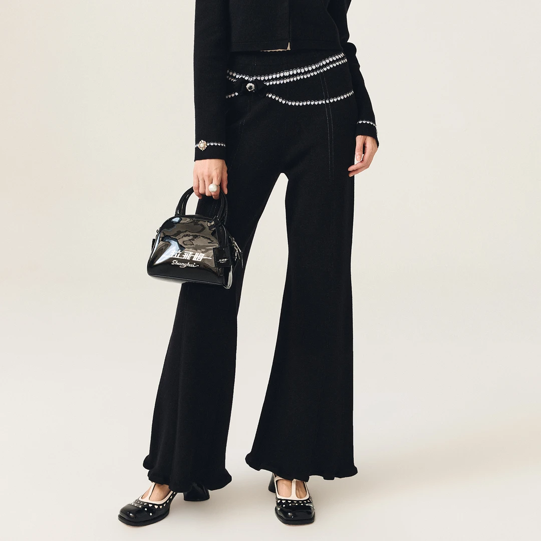 lefame拉飞姆2025冬季新款气质提花装饰黑色针织长裤